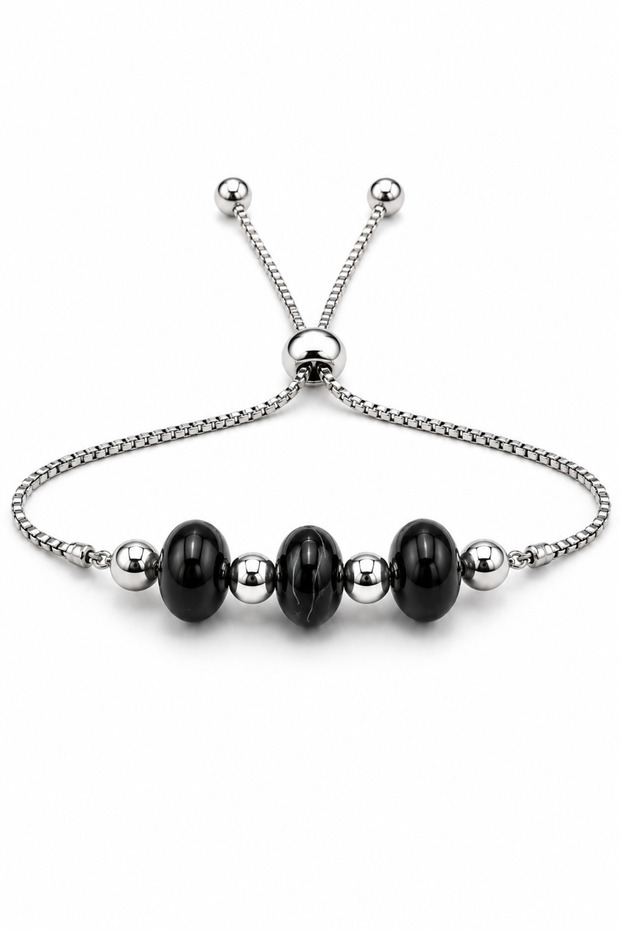 Women's Black Natural Stone Adjustable Bracelet with Lift Mechanism