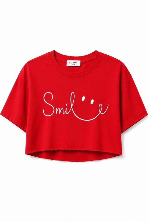 Women's Crop T-Shirt Smile Printed Oversize Relaxed Fit Short Tshirt - Red