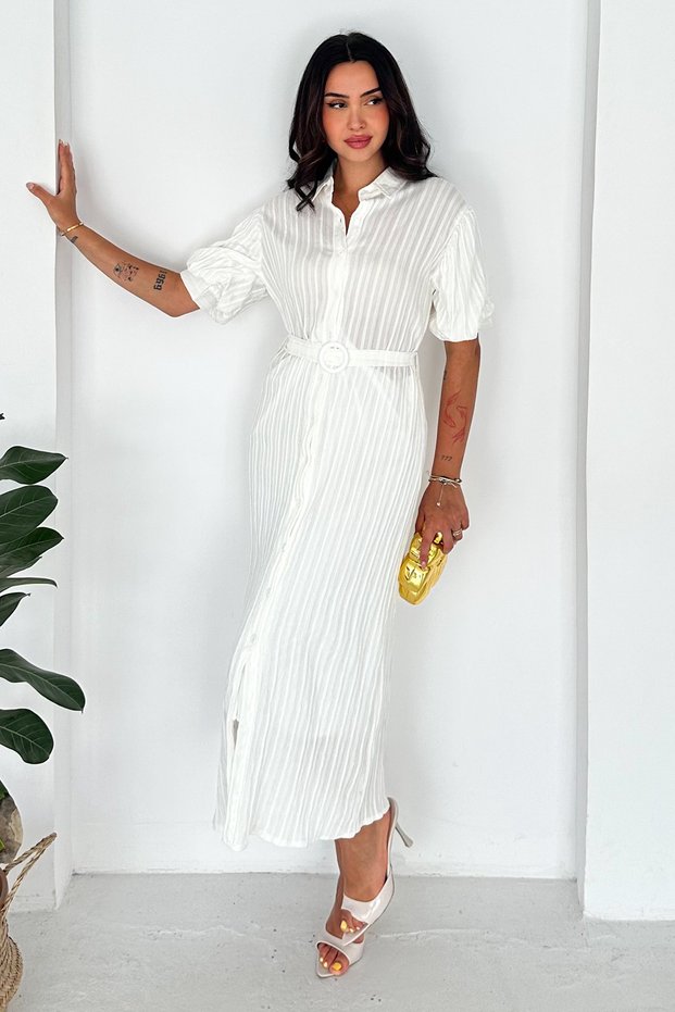 Women's Belt Detailed Striped Shirt Dress Midi Length Buttoned Dress