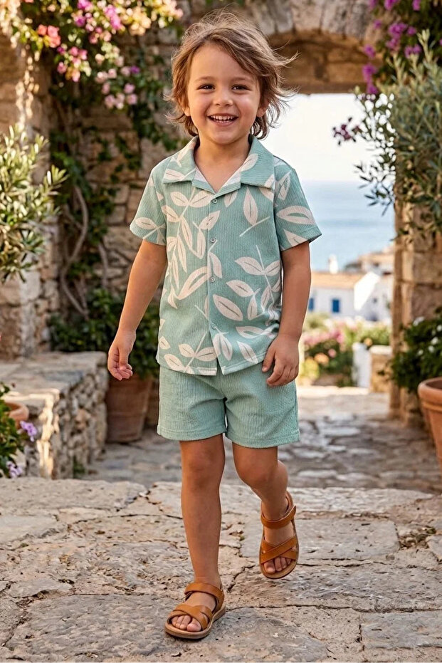 Boy's Leaf Patterned Shorts Set – Wrinkled Fabric 3-9 Years I Holiday Combination I Comfortable Fit I Boy's Set