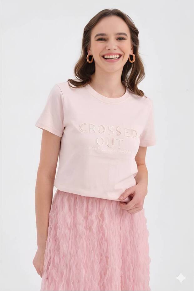 Women's 100% cotton short sleeve t-shirt with embroidery detail on the front