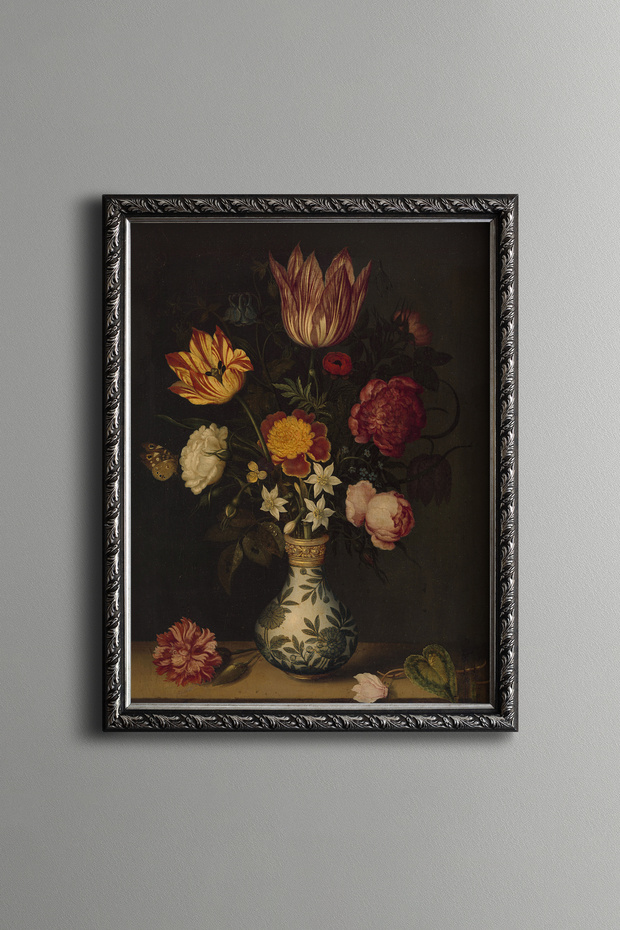 Porcelain Vase with Flowers - Vintage Patterned Frame - Slim Model
