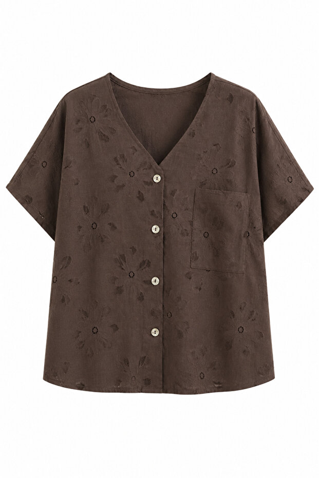 Coffee Self-Patterned Buttoned Front Blouse - 1