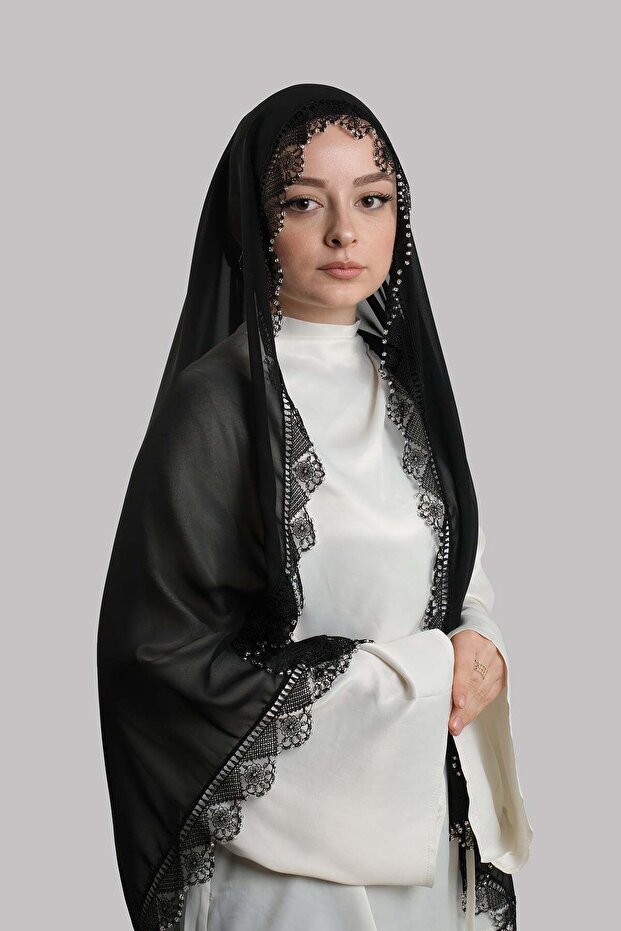 Black Wedding Prayer Hijab Shawl Chiffon Beaded Laced 202131_01