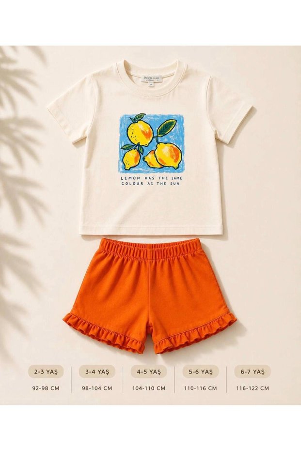 Girls' Lemon Print Shorts Set – Summer Cotton T-Shirt and Ruffle Detail Shorts Set