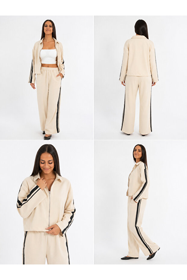Women's Ecru Stripe Detailed Zippered Jacket and Wide-Leg Pants Two-Piece Set