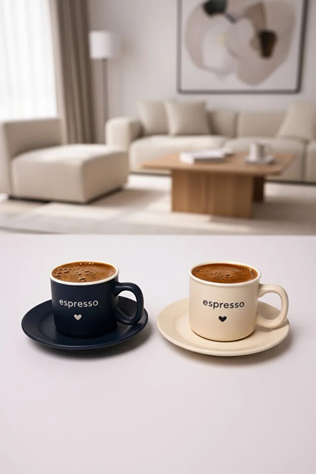Mien Earth Espresso 2-Piece Coffee Cup Set with Written Heart | Decorative Coffee Cup Set Stylish Coffee