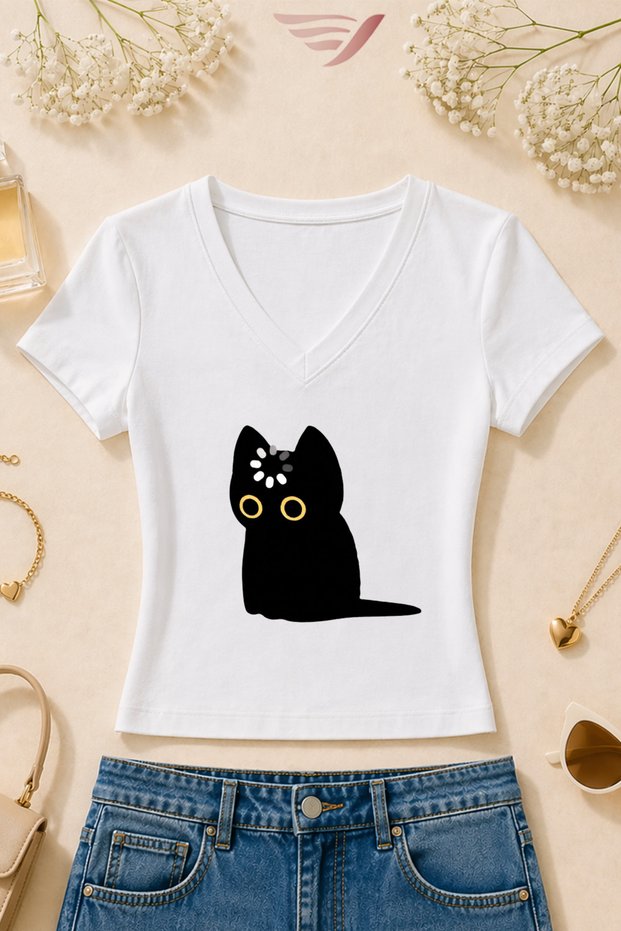 Women's Loading Effect Black Cat Printed Basic Daily Use V-Neck Slim Fit Lycra T-Shirt