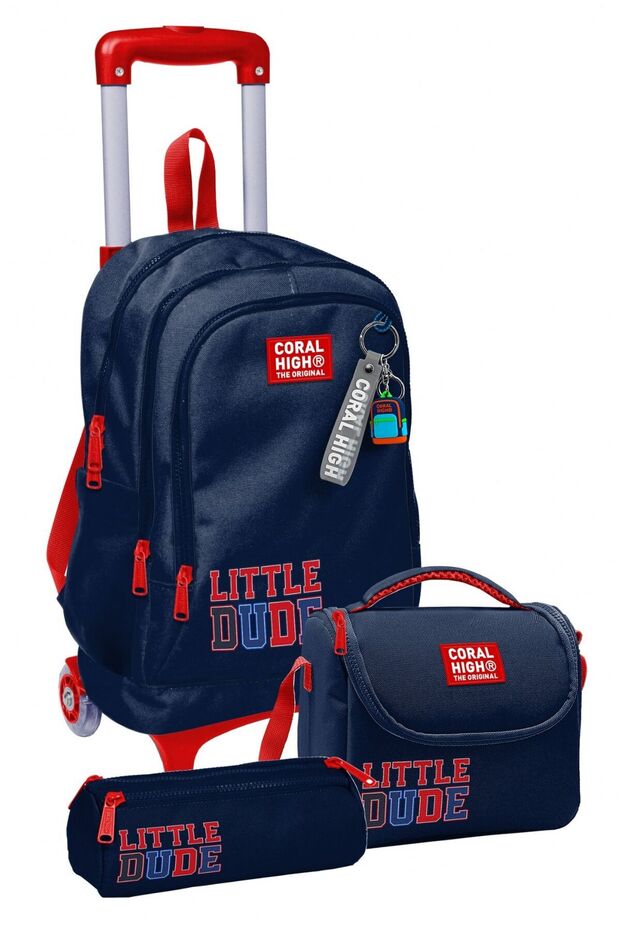 Three-Wheeled Trolley Primary School Bag Set Navy Blue Red Little Dude Printed Boys' Setygn34019A