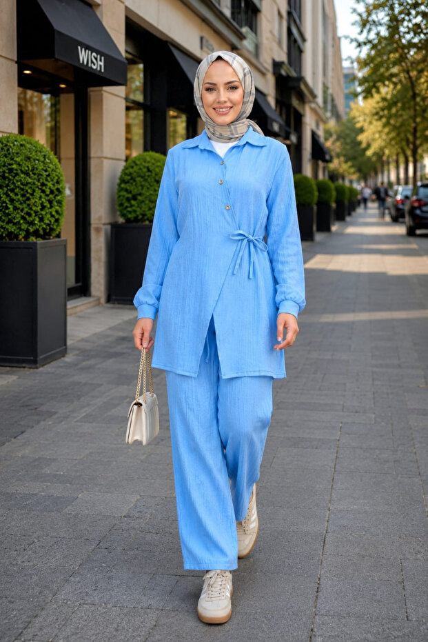Women's Buttoned Belted Strawberry Fabric Tunic Trousers Blue Double Set