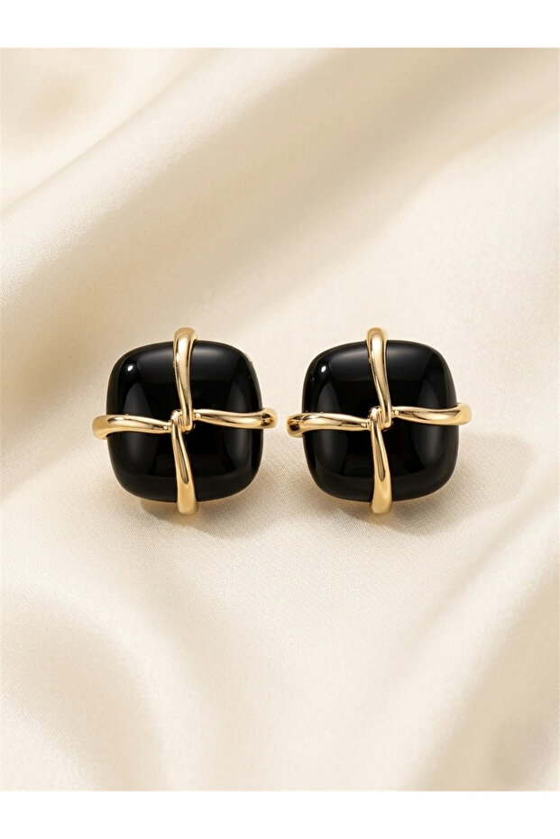 Black Square Shaped Earrings with Gold Color Stripe Detail