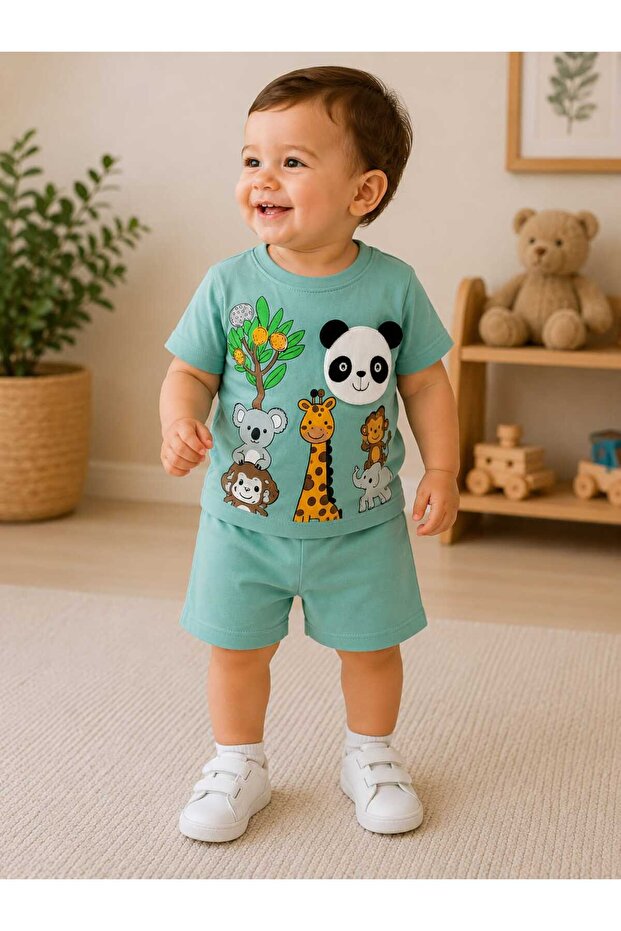 Baby Boy 3D Safari Panda Embossed Summer Set with Embroidered Top and Bottom