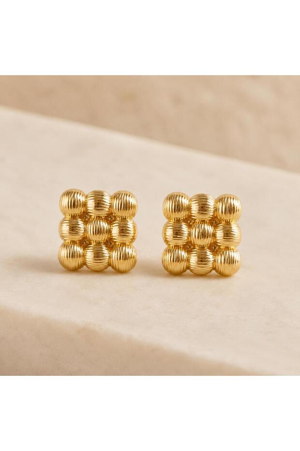 Gold Square Top Detailed Embossed Earrings Vintage Textured Stylish Bijouterie Earrings