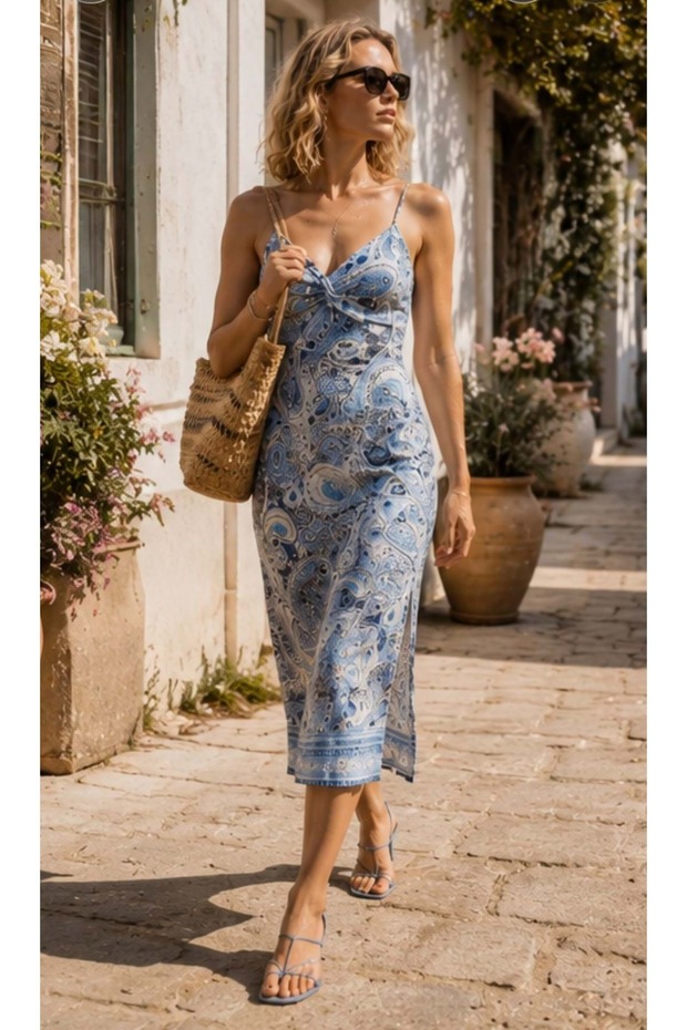 - Shawl Pattern Slit Midi Dress Blue Tone Notes - 2