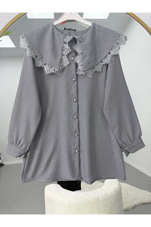 Lace Detailed Collar Tunic Gray