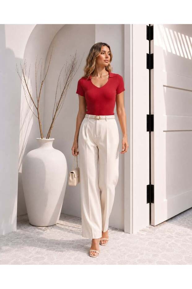Red Polo Collar Ribbed Knitwear Tr0399