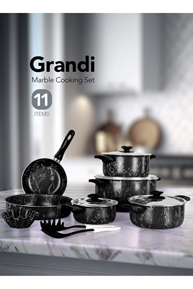 11 Pieces Marble Cook Set Aluminum Pots And Pans - Non-Stick Surface - Bakelite Handle -Stainless Steel Lids - PFOA Free Black Marble