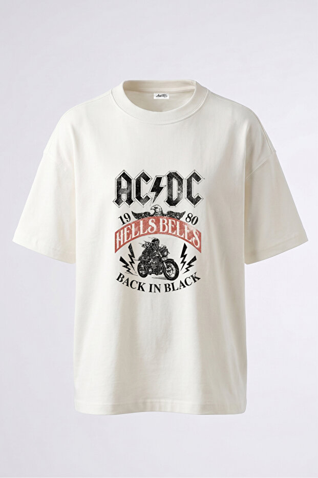 تي شيرت أبيض كبير الحجم من القطن بتصميم دراجة نارية من ACDC