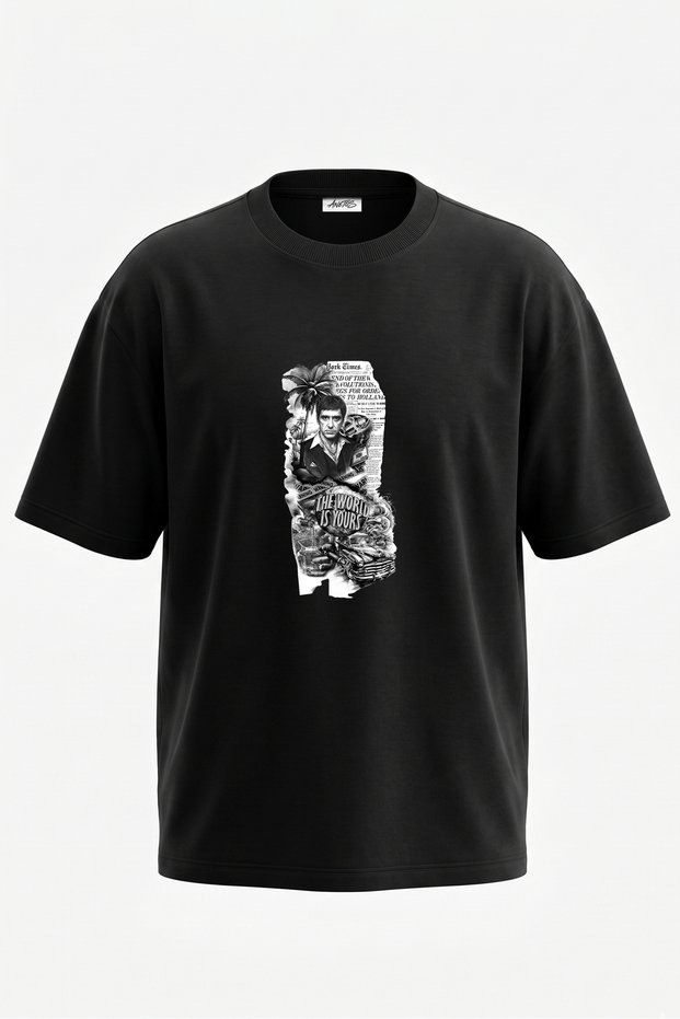 Tony Montana_1 Design Back Printed Cotton Black Oversize T-Shirt