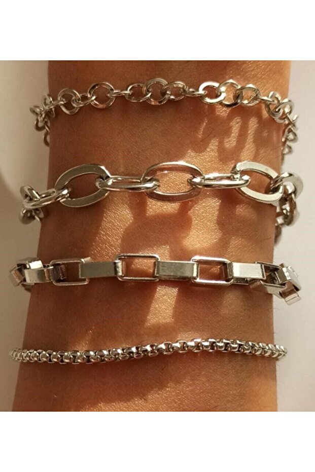 Women's Silver Four Plain Combination Bracelet Set