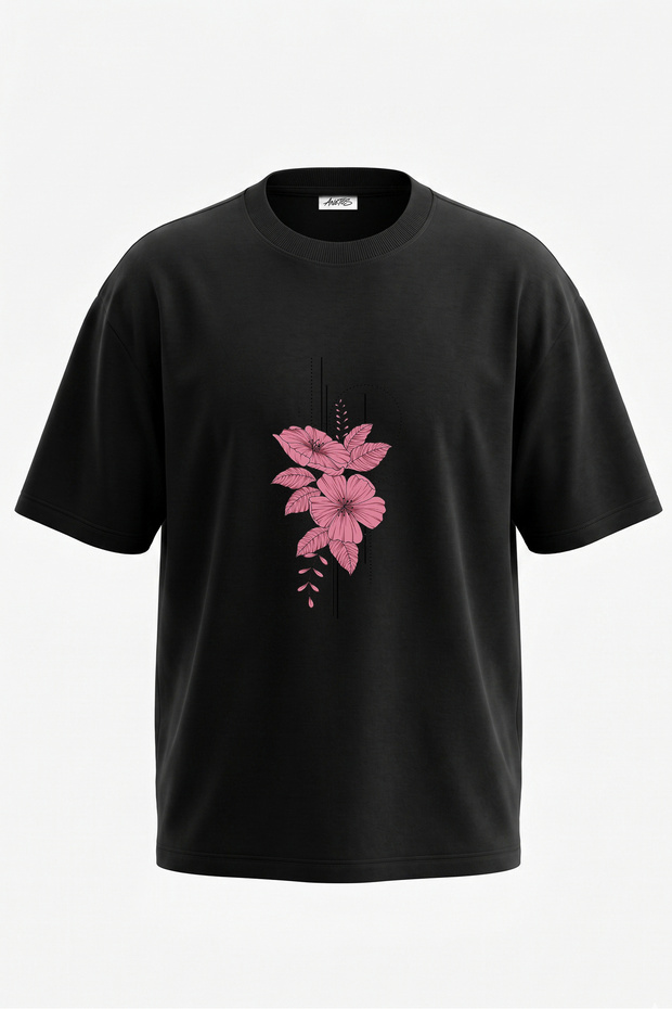 Pink Flowers Design Back Printed Cotton Black Oversize T-Shirt