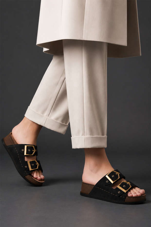 Women's Double Buckle Black Casual Slippers – Stylish Summer Slippers with Comfortable Soles