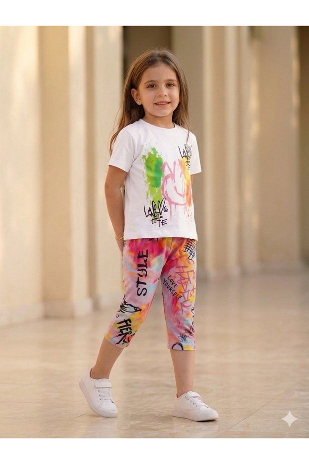 Girls' Printed T-Shirt and Colorful Capri Leggings Set 2-8 Years