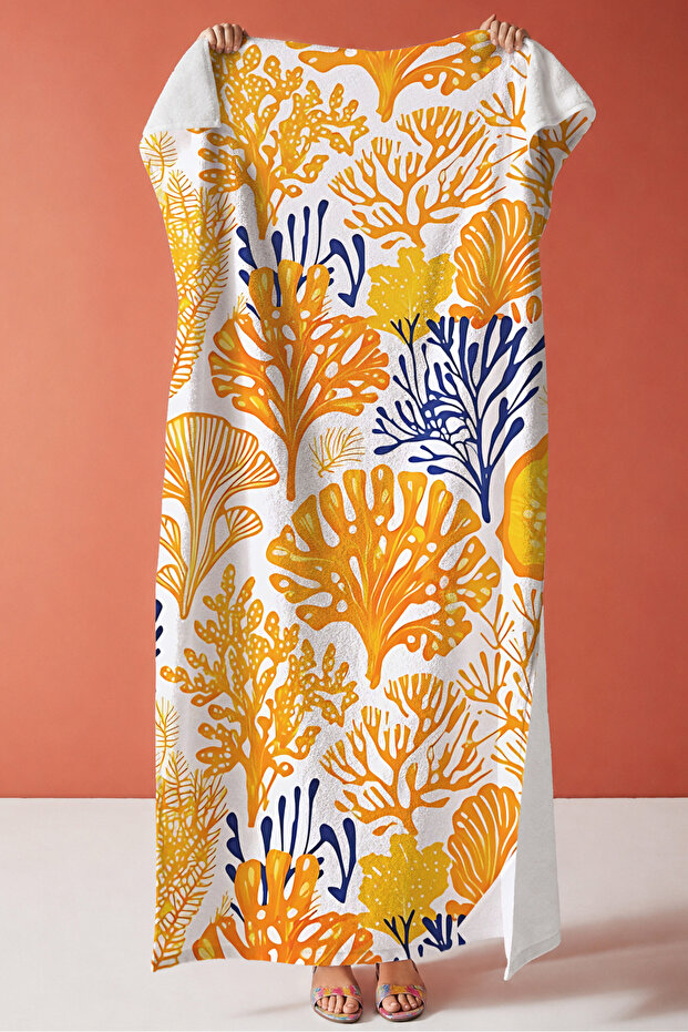 Coral Patterned Sea-Themed Beach Towel-Tropical Marine Orange Navy Blue Quick Drying Beach Cover-Up