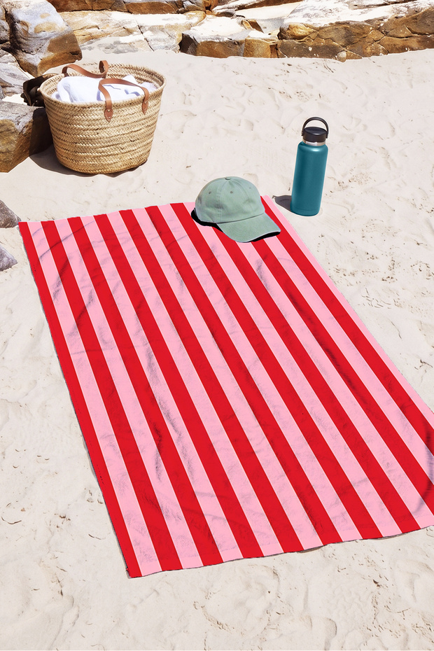 Striped Pink Red Beach Towel Coverlet - Modern Mediterranean Style Quick-Dry Microfiber Towel Coverlet