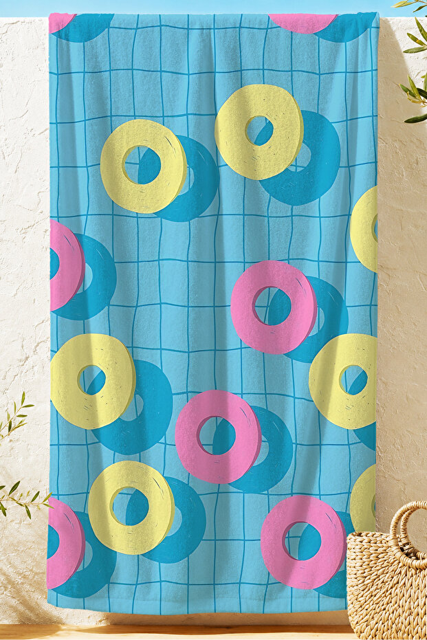 Ring Swirl Patterned Blue Beach Towel - Tropical Modern Pink Yellow Pool Sea Bath Beach Coverlet