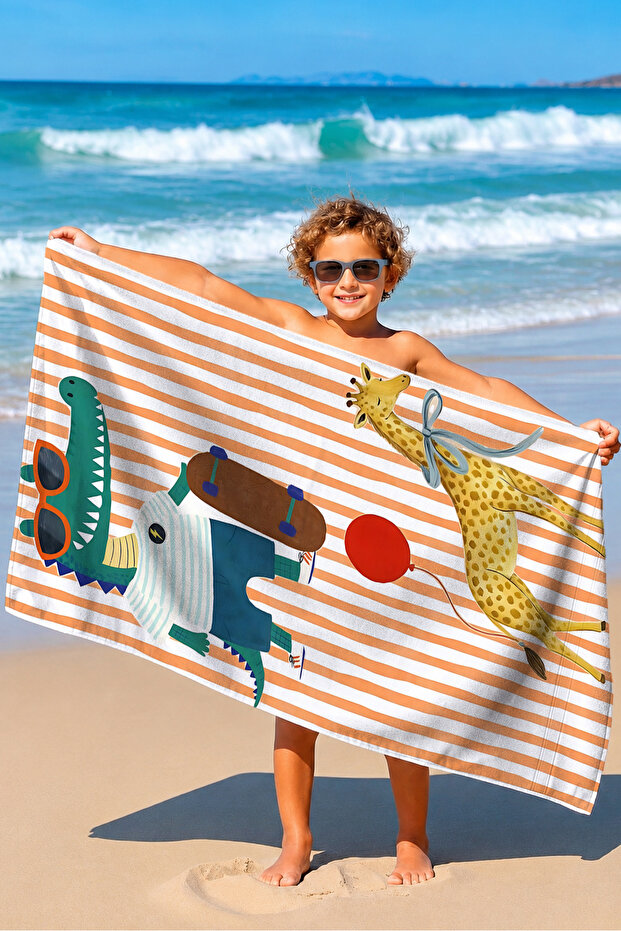 Children's Beach Towel with Cute Animal Figures - Orange Striped Safari Quick-Dry Microfiber Towel