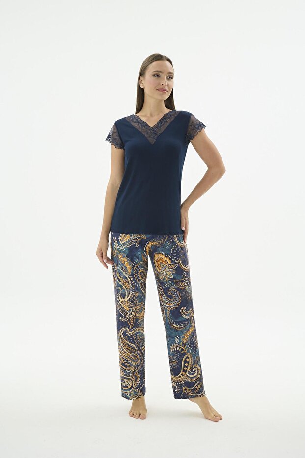 Women's Short Sleeve Lace Detailed Navy Blue Pajama Set C1T0N671