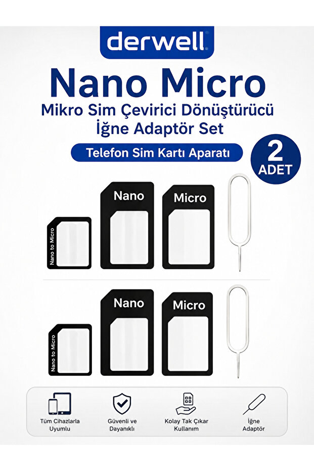 2 Adet Nano Micro Mikro Sim Çevirici Dönüştürücü İğne Adaptör Set Telefon Sim Kartı Aparatı - 1