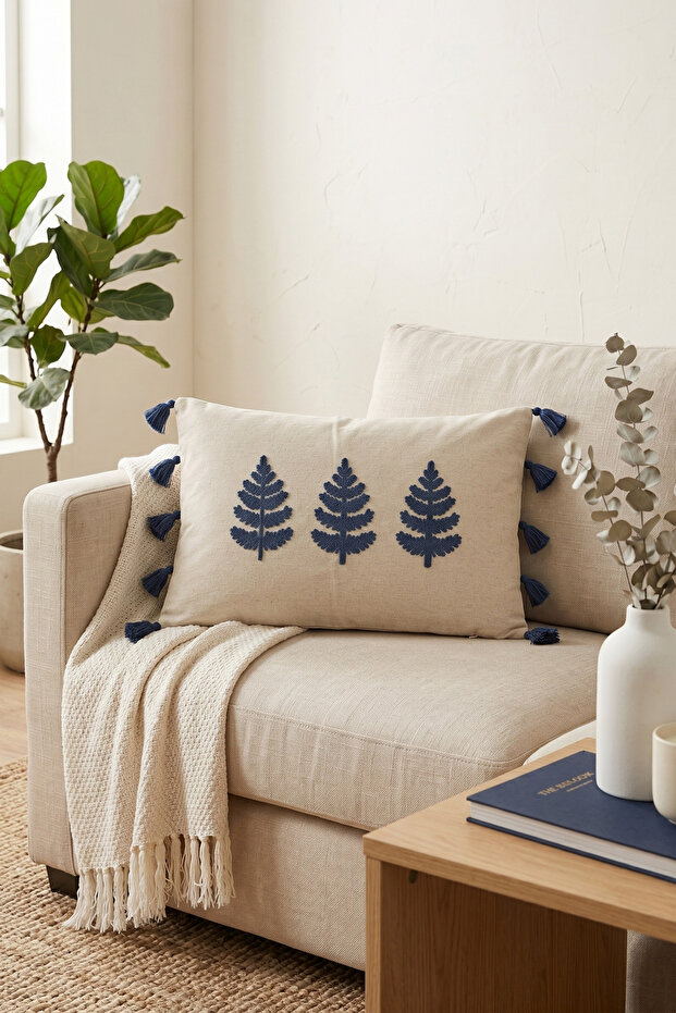 Buldan Handmade Tree Patterned Punch Embroidered Tasseled Hidden Zipper Cotton Throw Pillow Cover 35X55 cm