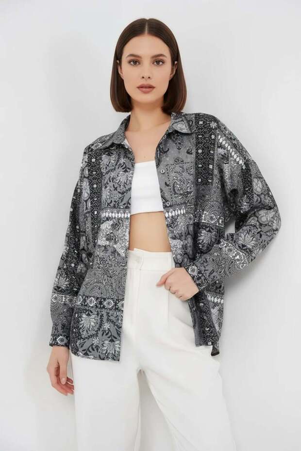 Women's Oversize Patterned Satin Anthracite Shirt