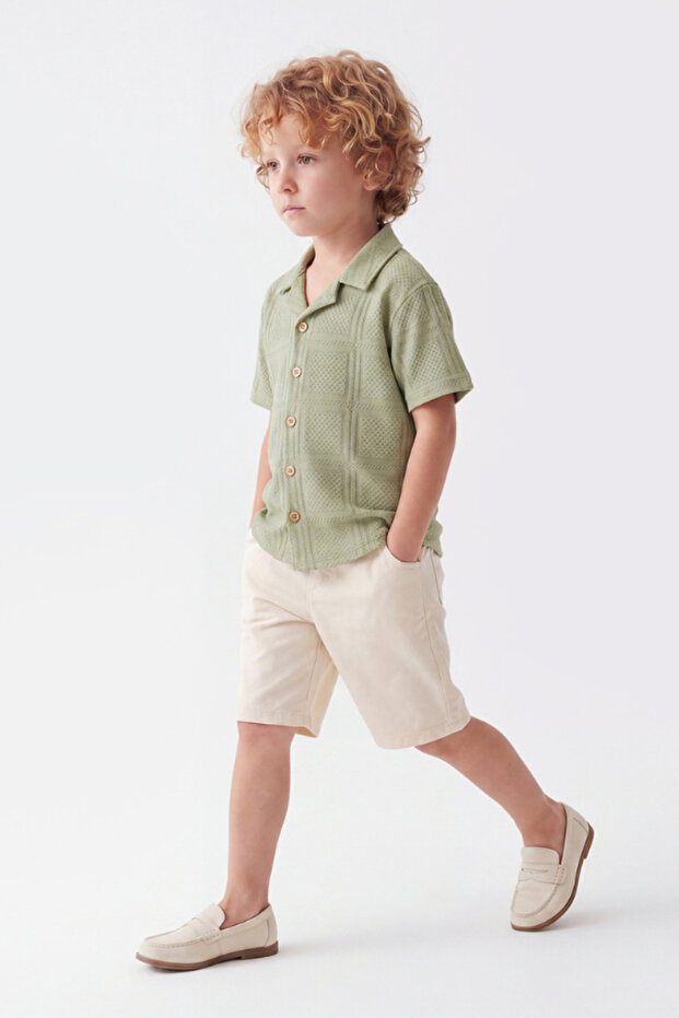 Boy's Square Patterned Shirt and Denim Shorts Set Green