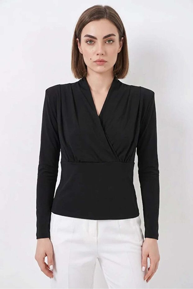 Women's Double-Breasted Collar Black Blouse with Shoulder Padding