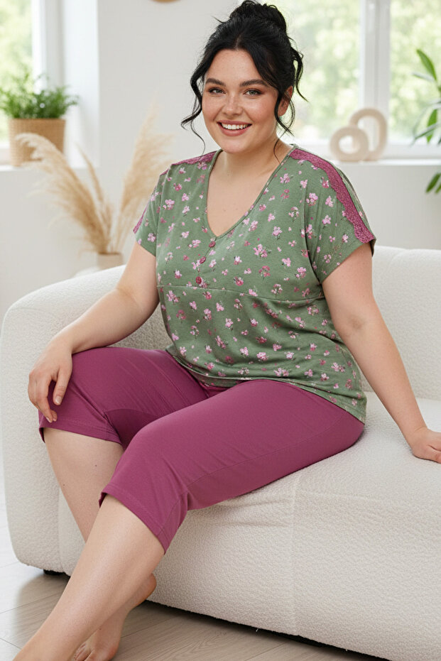Patterned Cotton Plus Size Oversized Knitted Capri Pajama Set