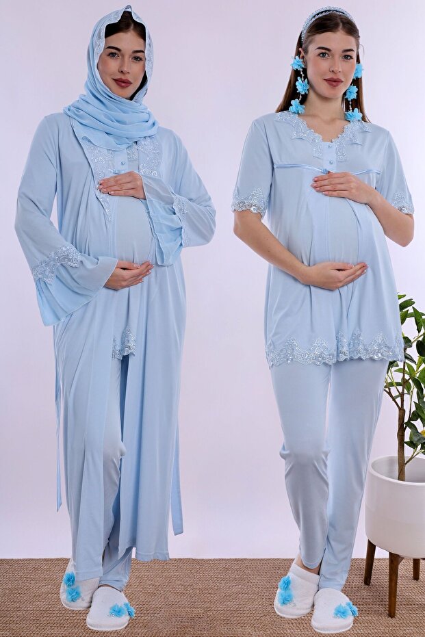 Effortt - Blue Cotton Long Robe Maternity and Breastfeeding Pajama Set with Hijab