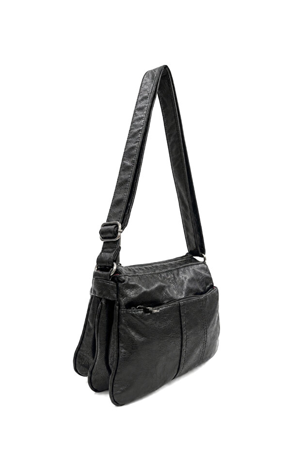 Elegant Stitching Detailed Multi-Compartment Washed Leather Women's Crossbody Shoulder Bag (Medium Size)