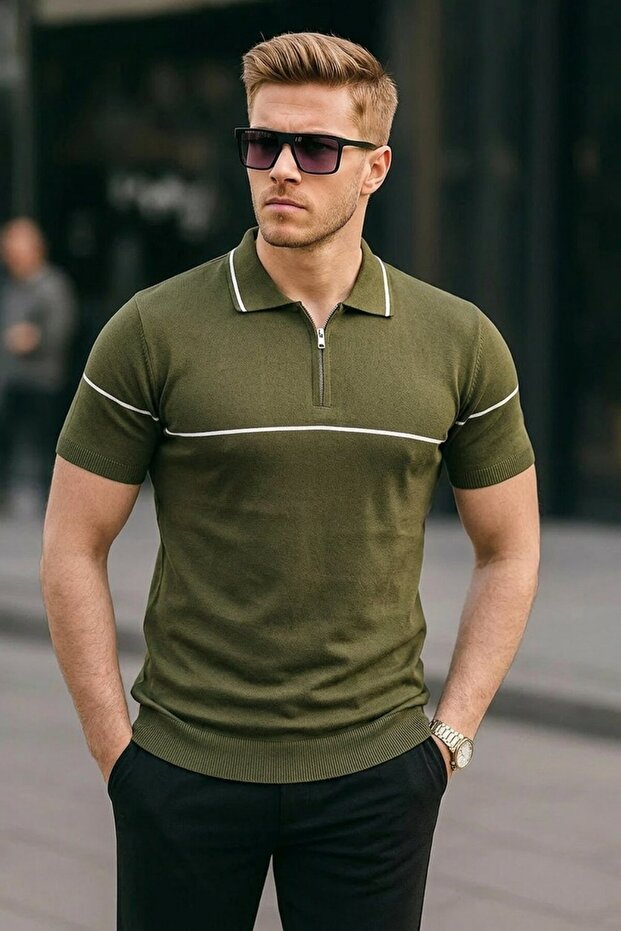 Men's Striped Casual Khaki Polo Collar T-Shirt