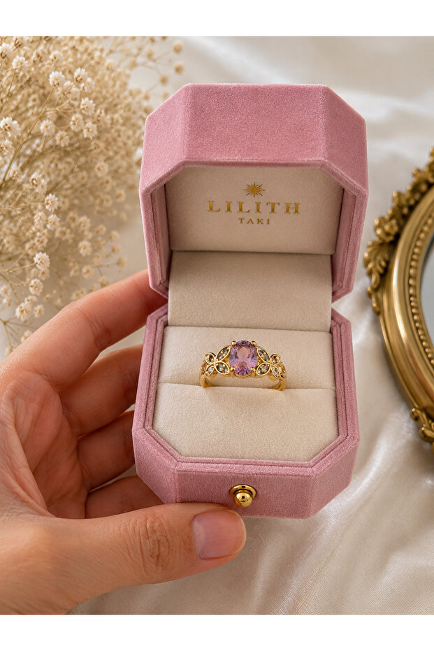 Elegant Pink Stone Detailed Vintage Design Women's Ring – Sparkling Stylish Model