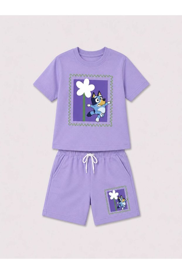 Girl's Character Printed Shorts Set Short Sleeve Summer Two-Piece Set