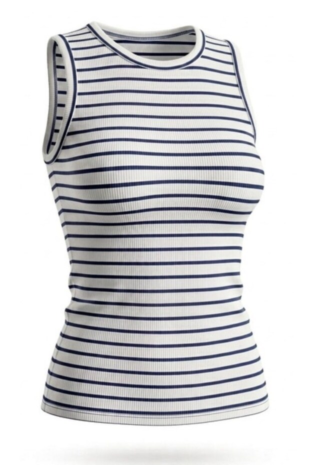 Women's Athlete Sleeveless Crew Neck Striped Ribbed Lycra Zero Sleeve T-Shirt