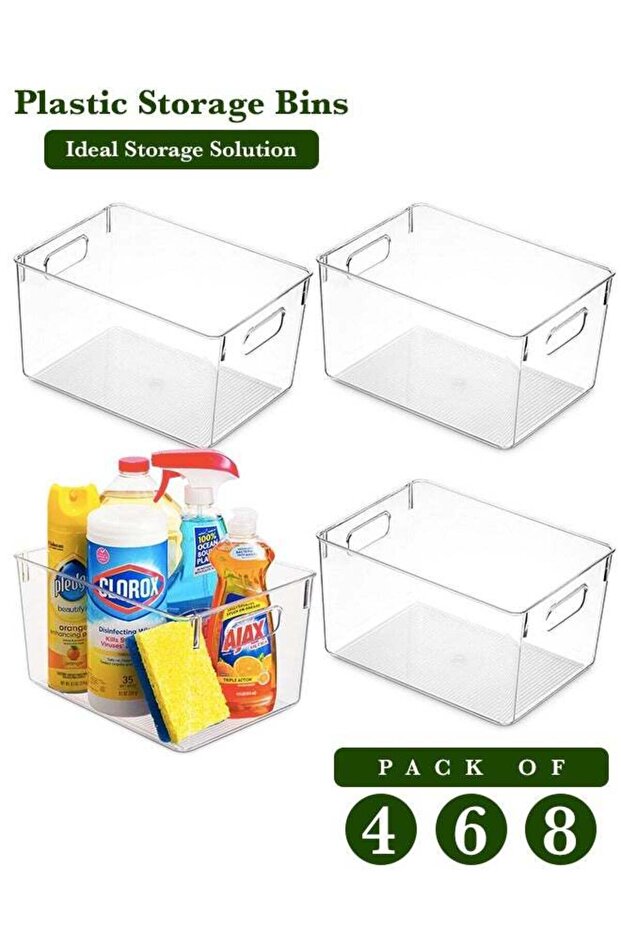 Premium Clear Plastic Storage Bins - Stackable, Durable Containers for Kitchen, Washroom, Pantry, Refrigerator and Utensils Organization
