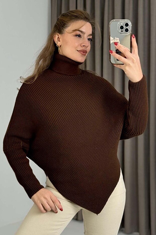 Women's Turtleneck Asymmetrical Cut Sweater Brown