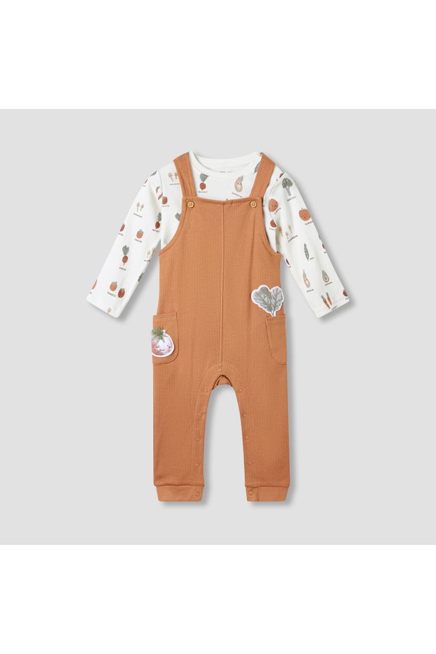 Boys T-shirt and Dungaree Set with Vegetable Print - Cotton - Long Sleeves - Crew Neck