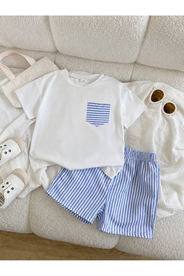 Girl-Boy White Blue Pocket Detailed Top and Bottom Set