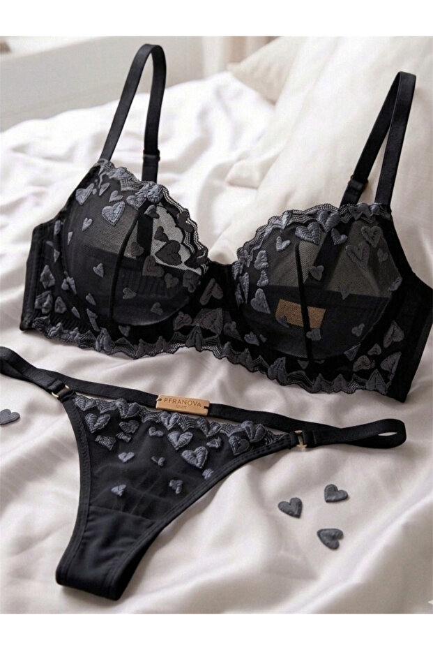 Underwire Heart Patterned Bra Set Transparent