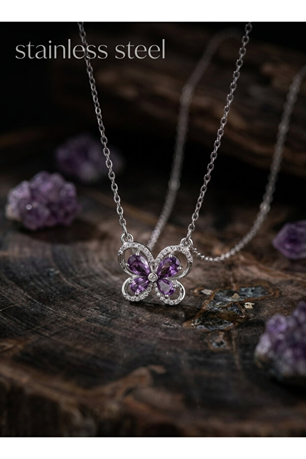 316L Steel Chain Silver Color Purple Butterfly Model Necklace